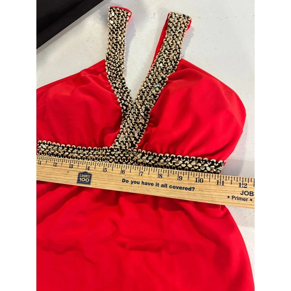 Pin Up Red One Piece Swimsuit Boy Short Cut Sequin Trim V-Neck Halter Medium